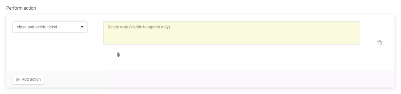 Configuración de regla automática mostrando la acción 'cerrar y eliminar ticket' en LiveAgent