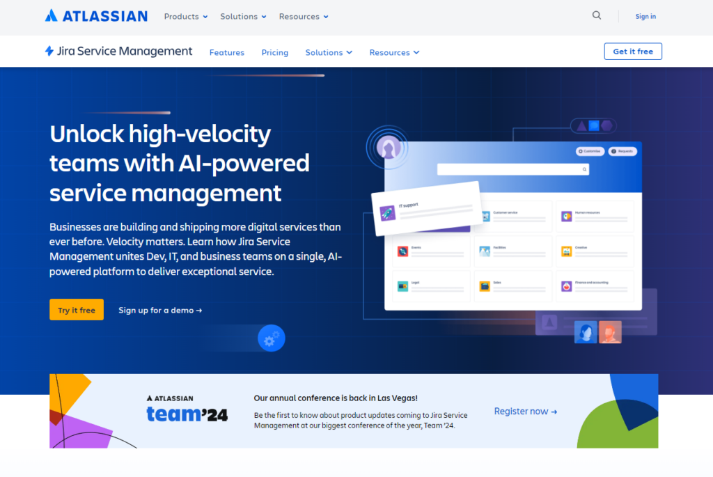 Página de inicio de Jira Service Management, una alternativa a Help Scout para software de help desk