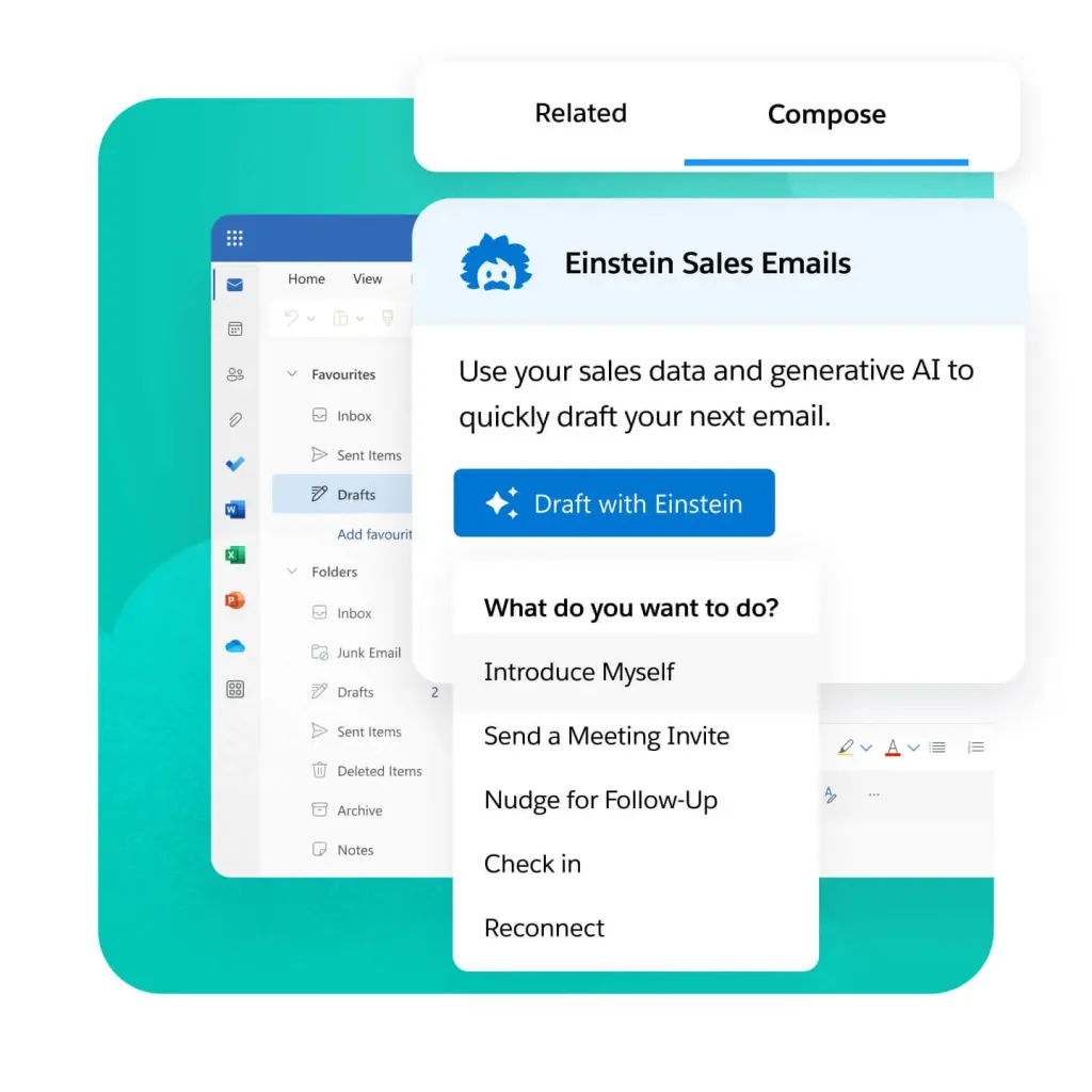 Interfaz de Salesforce Einstein Sales Emails mostrando opciones de redacción de correos electrónicos impulsadas por IA.