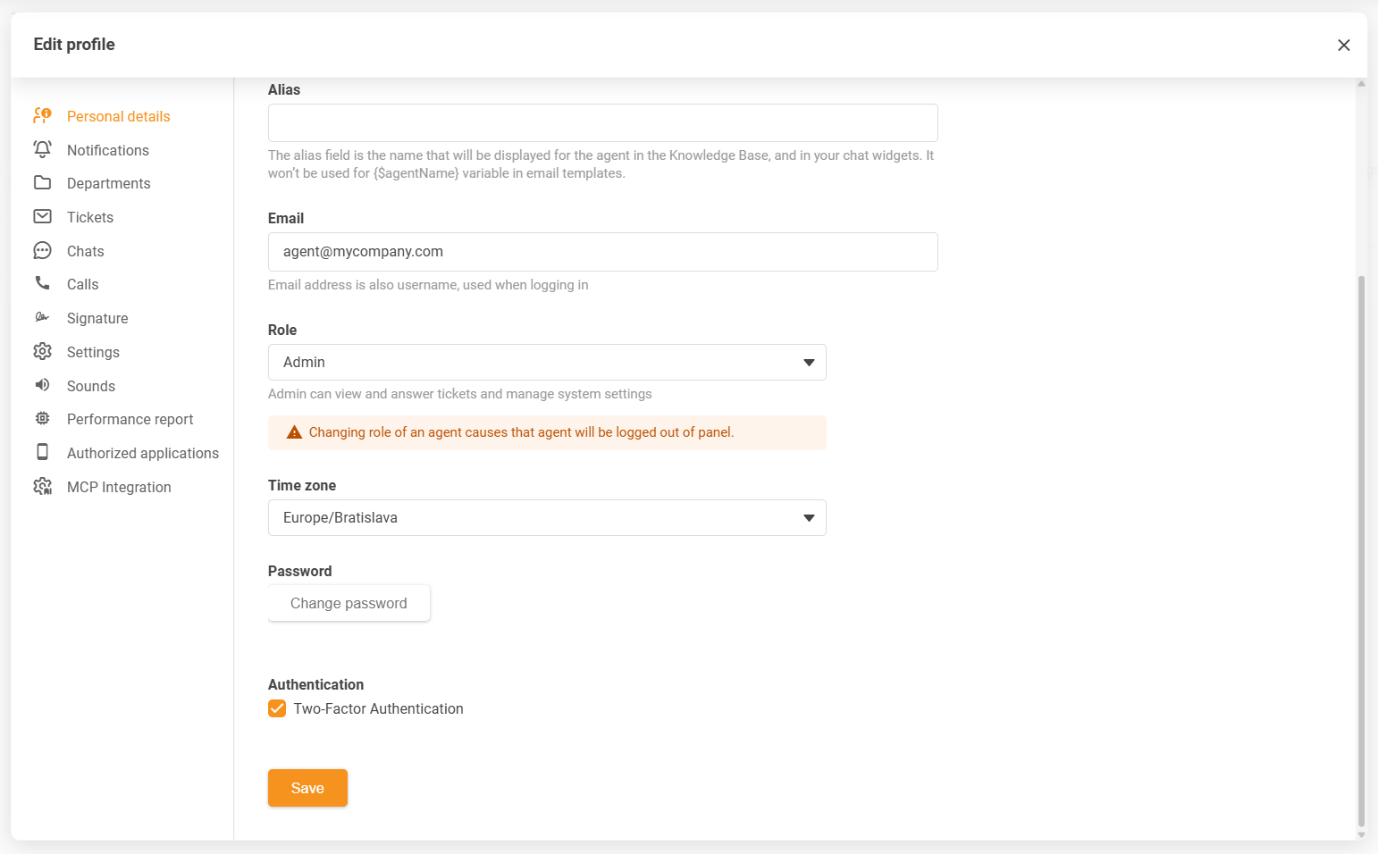 Configuración de zona horaria del perfil del agente de LiveAgent