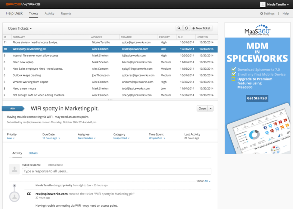 Lista de tickets de Spiceworks Cloud Help Desk con envíos del portal de usuario