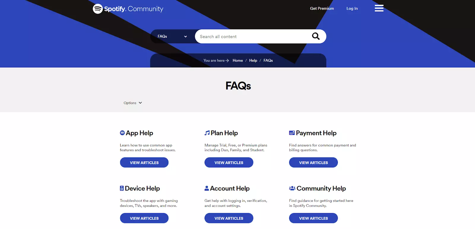 Página de preguntas frecuentes de Spotify