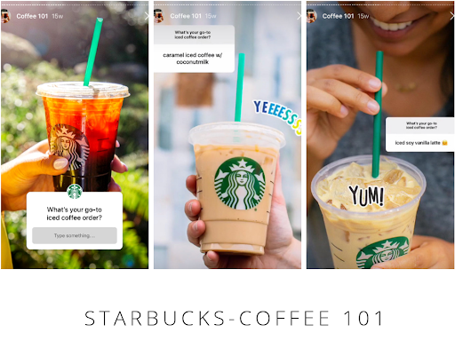Historia de Instagram de Starbucks preguntando a clientes sobre su café helado favorito