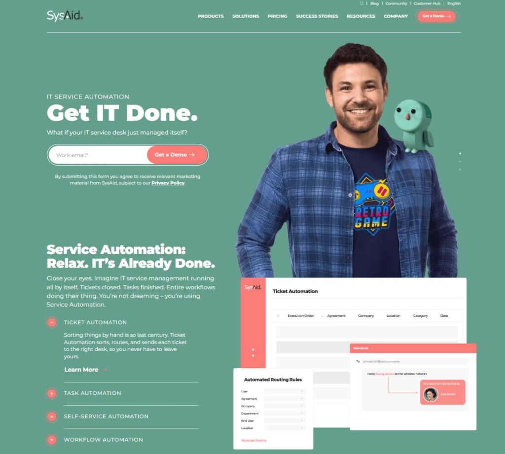 Imagen de la página de inicio de SysAid - software de gestión de servicios todo en uno para profesionales de TI