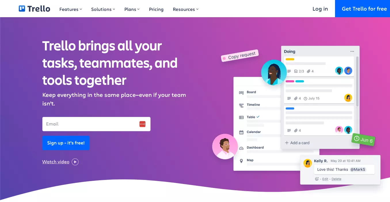 Página de inicio de Trello - mantén tu trabajo organizado y rastrea tareas individuales desde una plataforma.