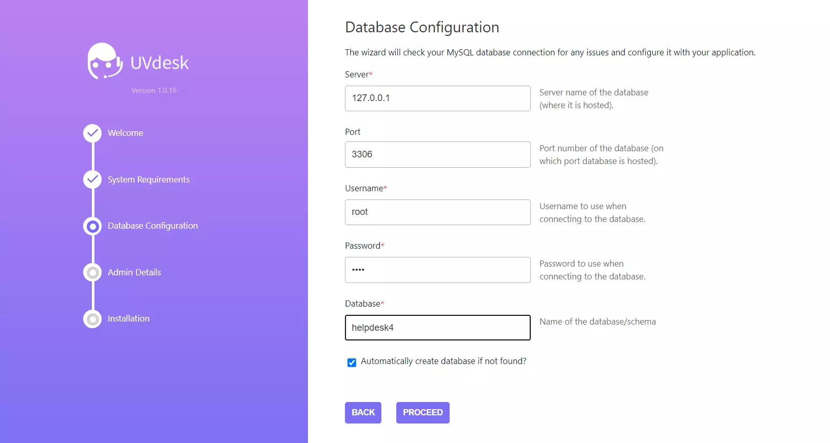 Un ejemplo del asistente de instalación de UVdesk