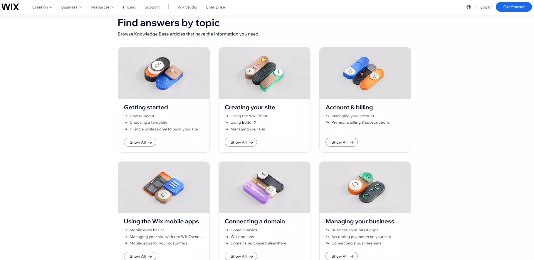 Categorización de la base de conocimiento de Wix