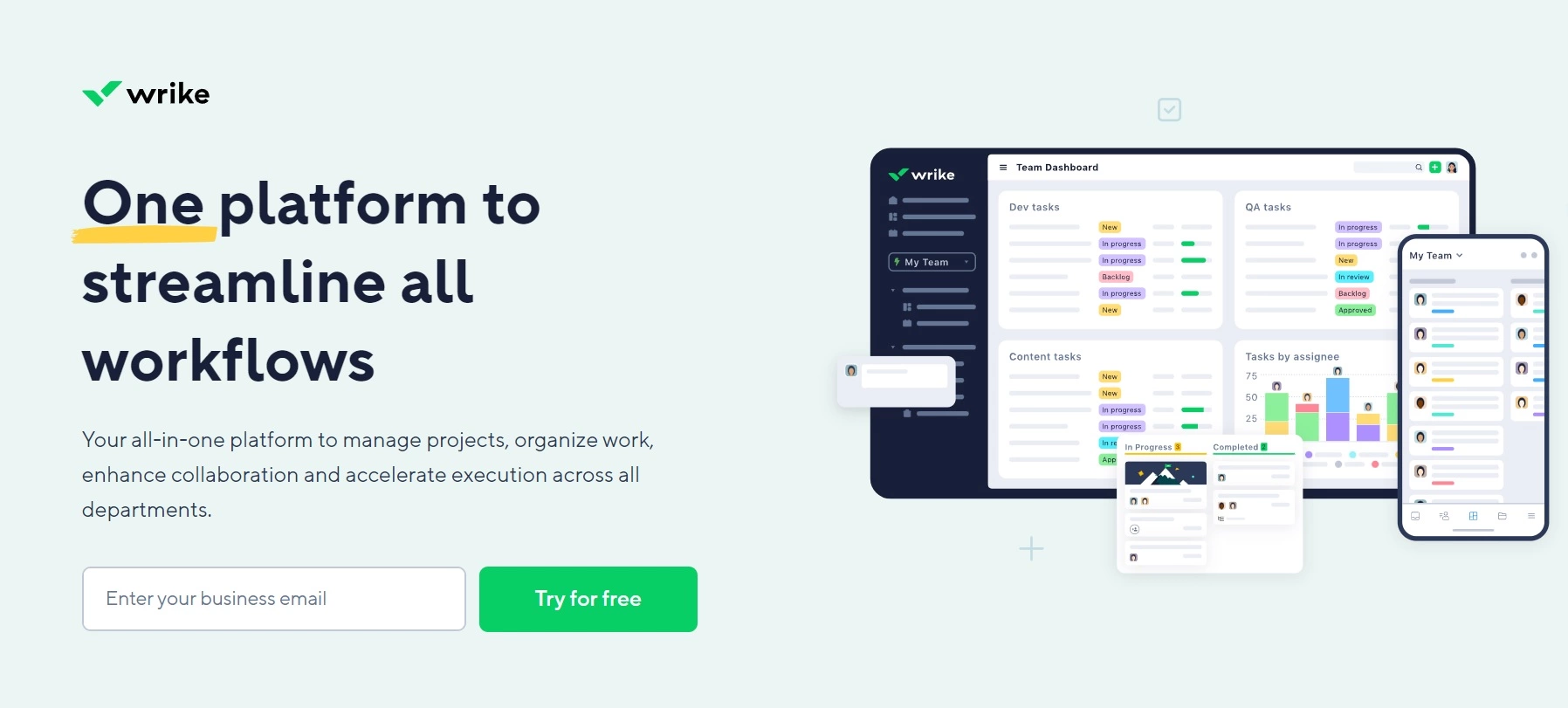 Página de inicio de Wrike - una plataforma integral para gestionar proyectos, organizar el trabajo y mejorar la colaboración en todos los departamentos.