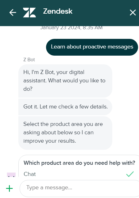 La imagen muestra cómo se ve la conversación de chat en vivo de Zendesk