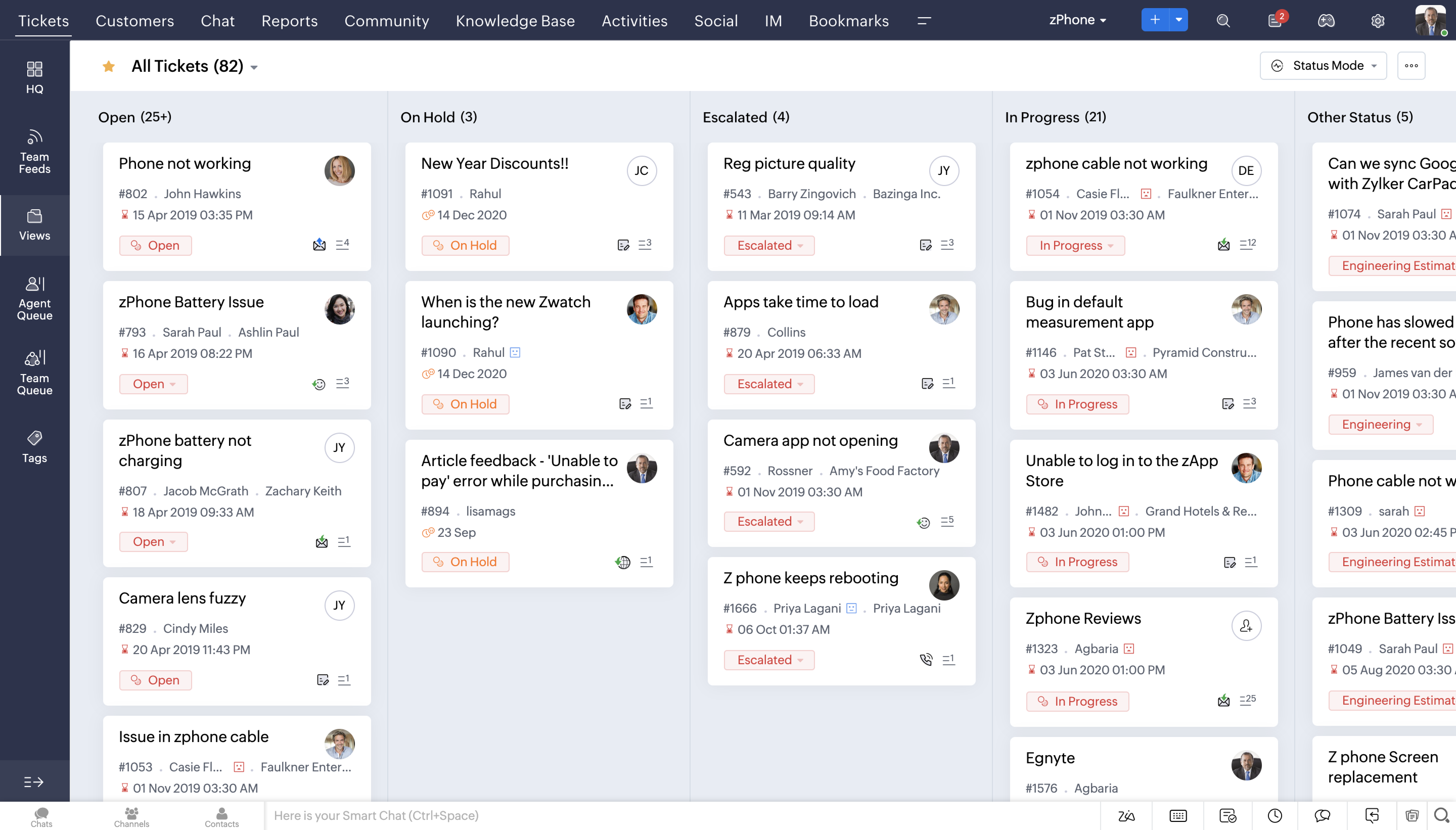 Vista de agente de Zoho Desk con cola de tickets renovada