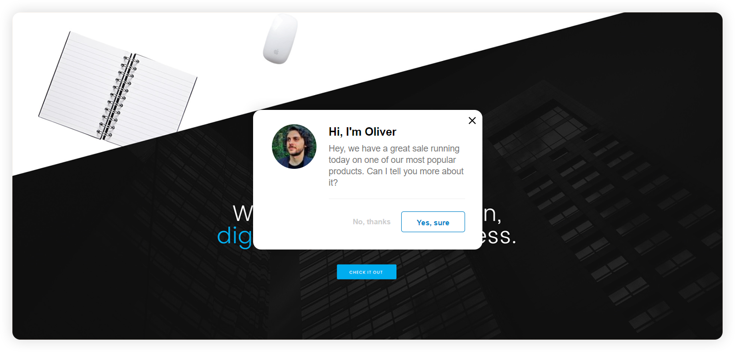 Ejemplo de una invitación proactiva de chat empresarial