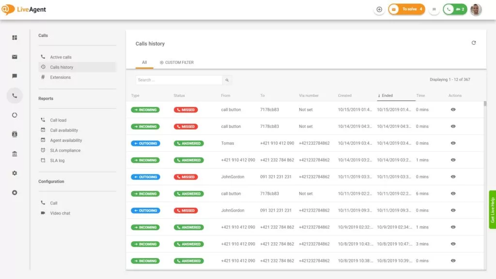 Descripción general de la interfaz del centro de llamadas en LiveAgent.