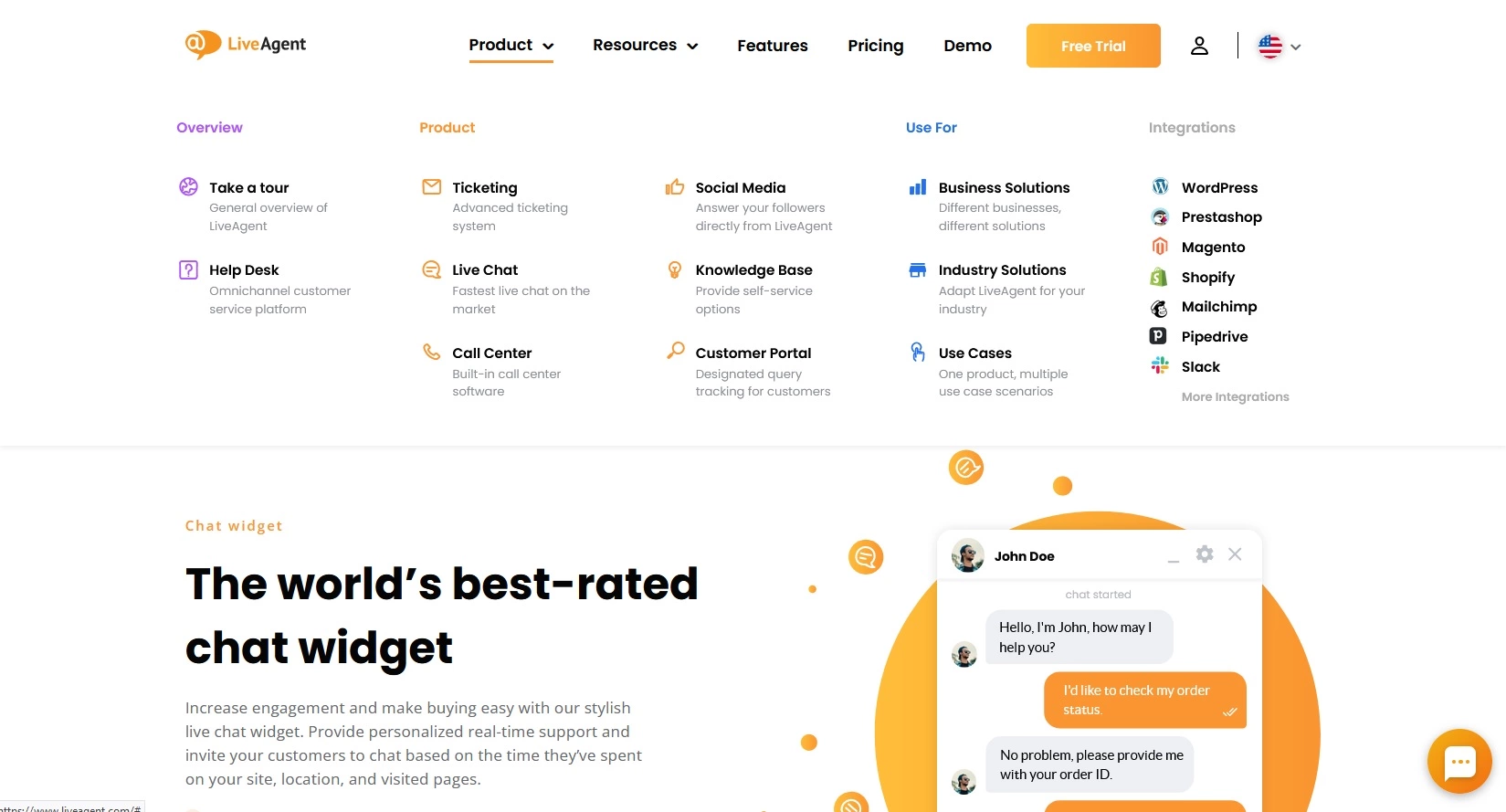 Opciones e información del producto de LiveAgent