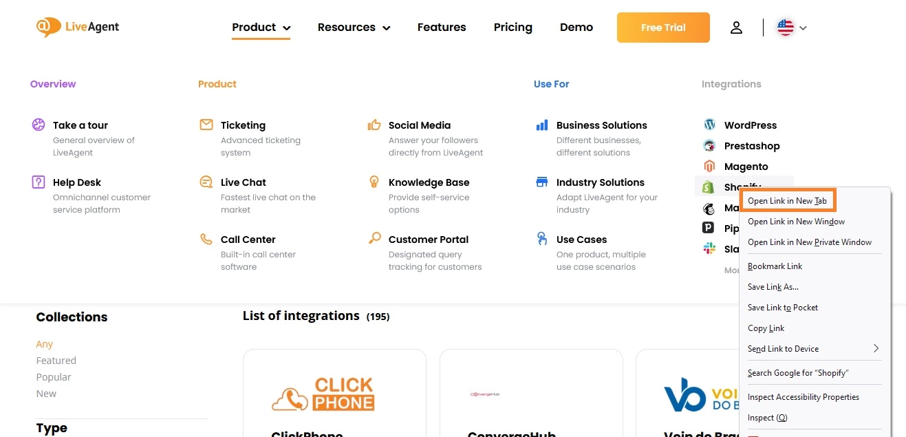 Ejemplo de nueva pestaña en la página de LiveAgent