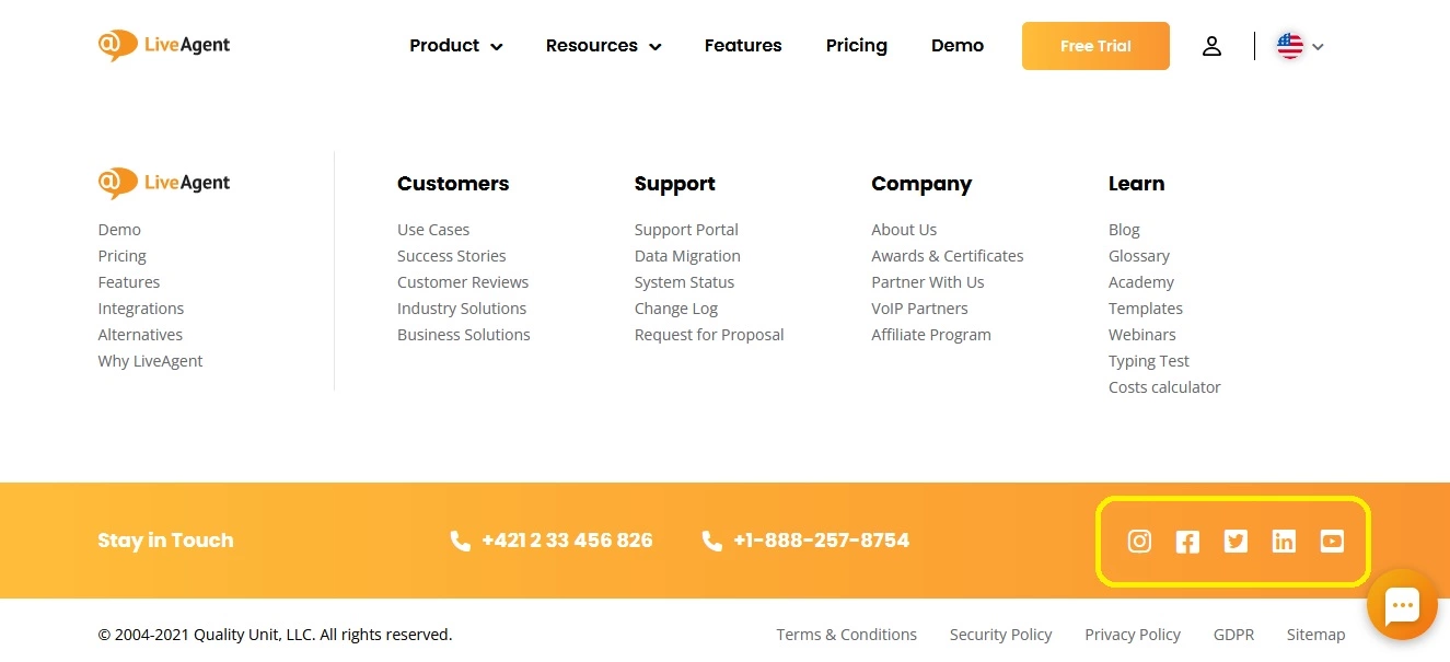 Ejemplo de iconos de redes sociales - LiveAgent