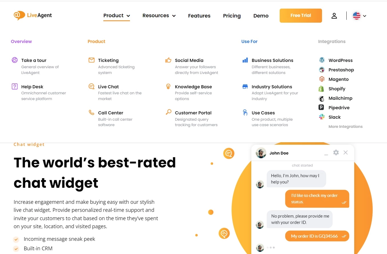 Navegación del producto de LiveAgent