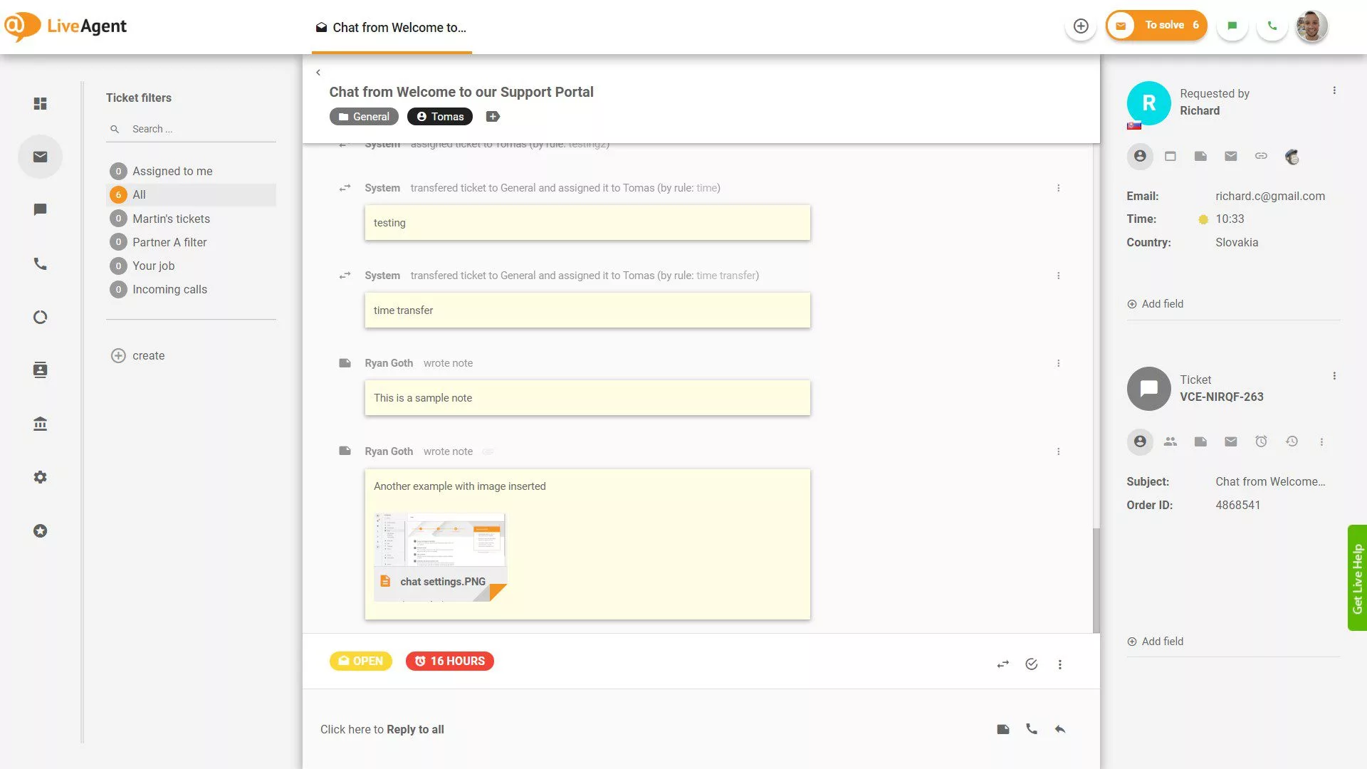 Notas dentro del ticket en LiveAgent