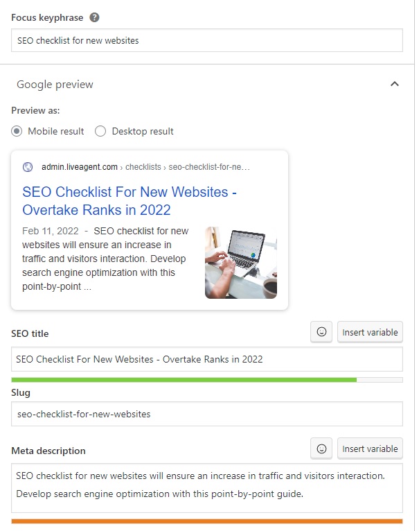 LiveAgent - ejemplo de frase clave, título de SEO y meta descripción