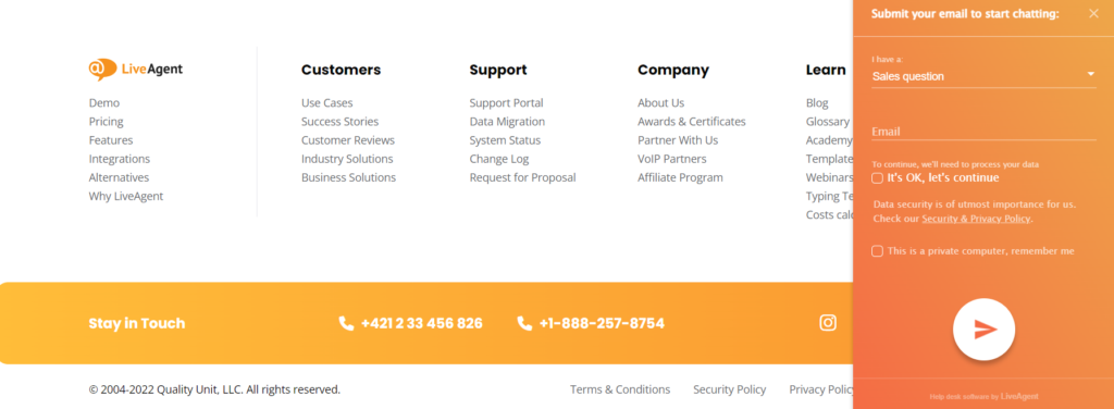 Pie de página de la página de inicio de LiveAgent y chat en vivo