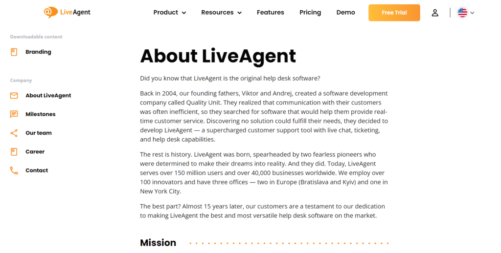 Página Acerca de nosotros de LiveAgent