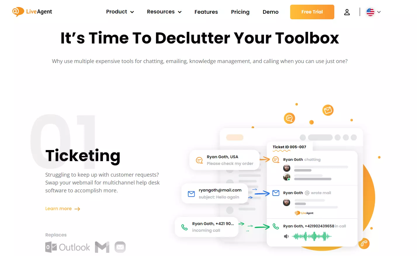 Página de tour de LiveAgent - ticketing