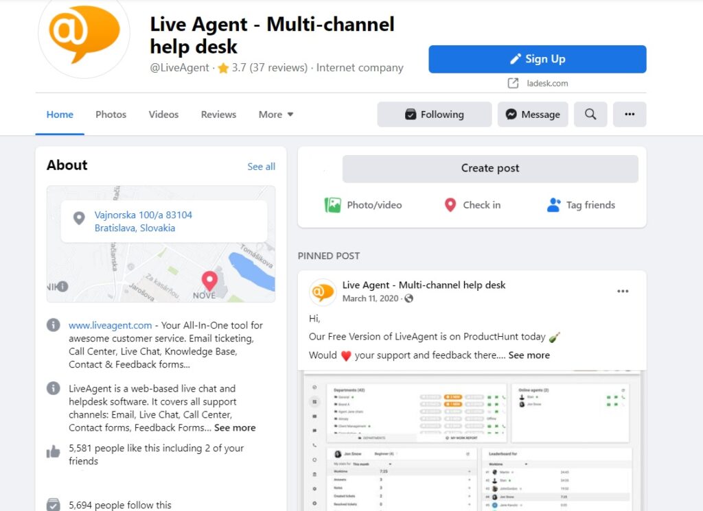 Página de inicio de Facebook de LiveAgent