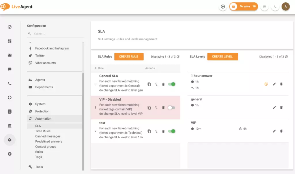 Configuración de tiempo SLA de respuesta y resolución de LiveAgent
