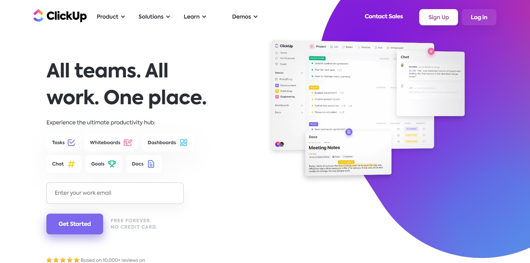 Página de inicio de ClickUp - planifica, rastrea y gestiona fácilmente tus proyectos desde un solo lugar.
