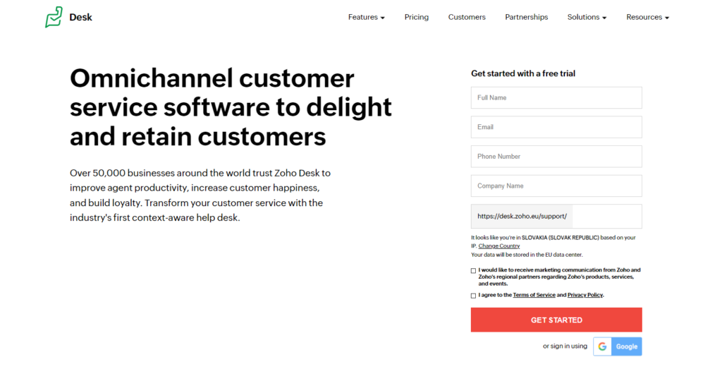 Página de inicio de Zoho Desk