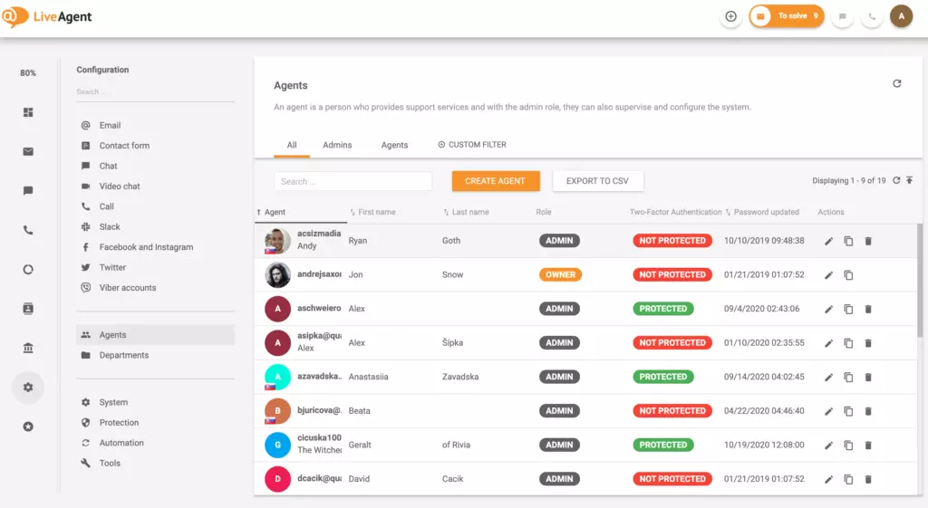 LiveAgent – Agentes (ejemplo)