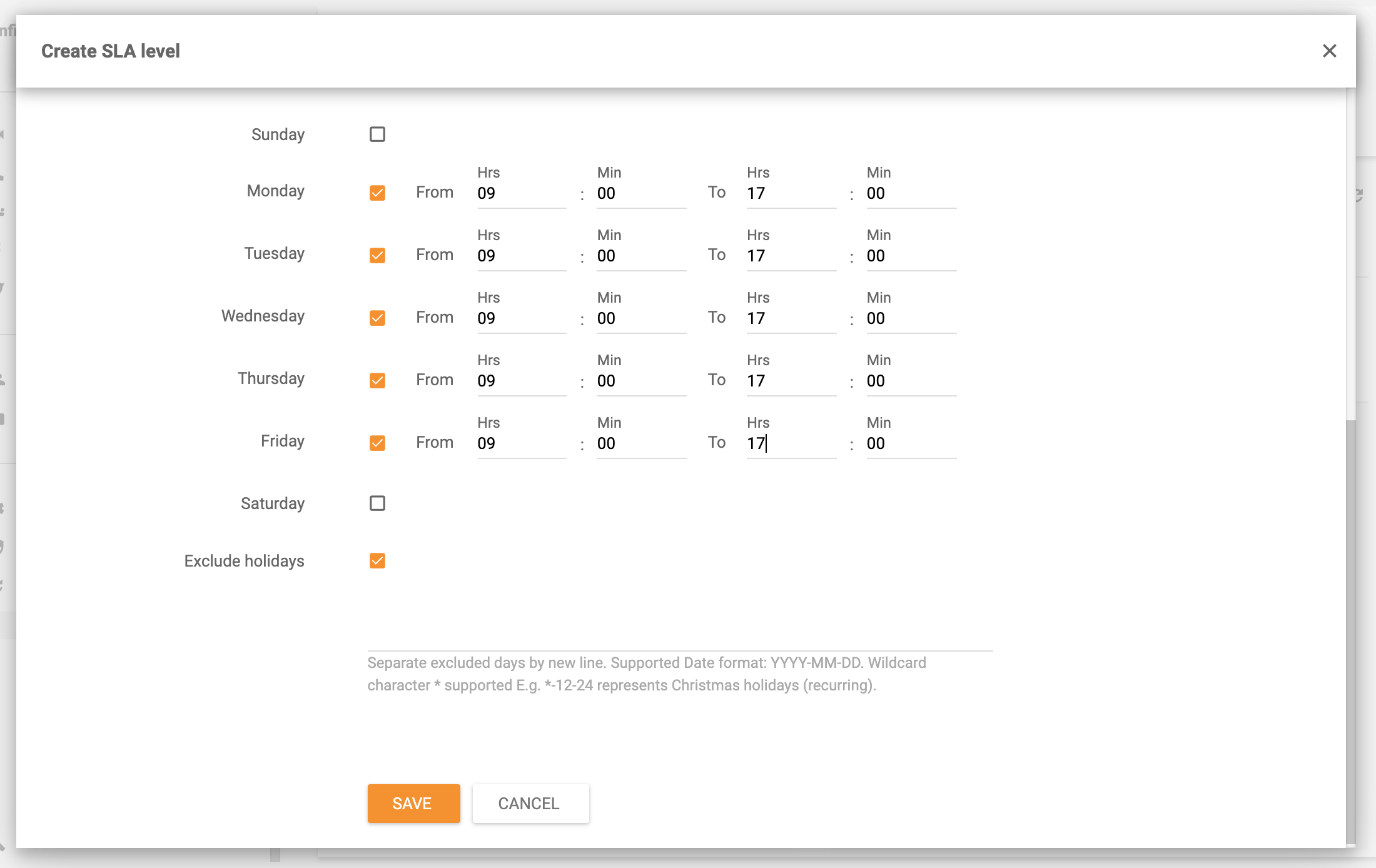 Ejemplo de horario de oficina de LiveAgent