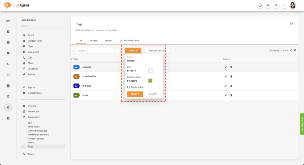 Creación de etiquetas personalizadas en LiveAgent