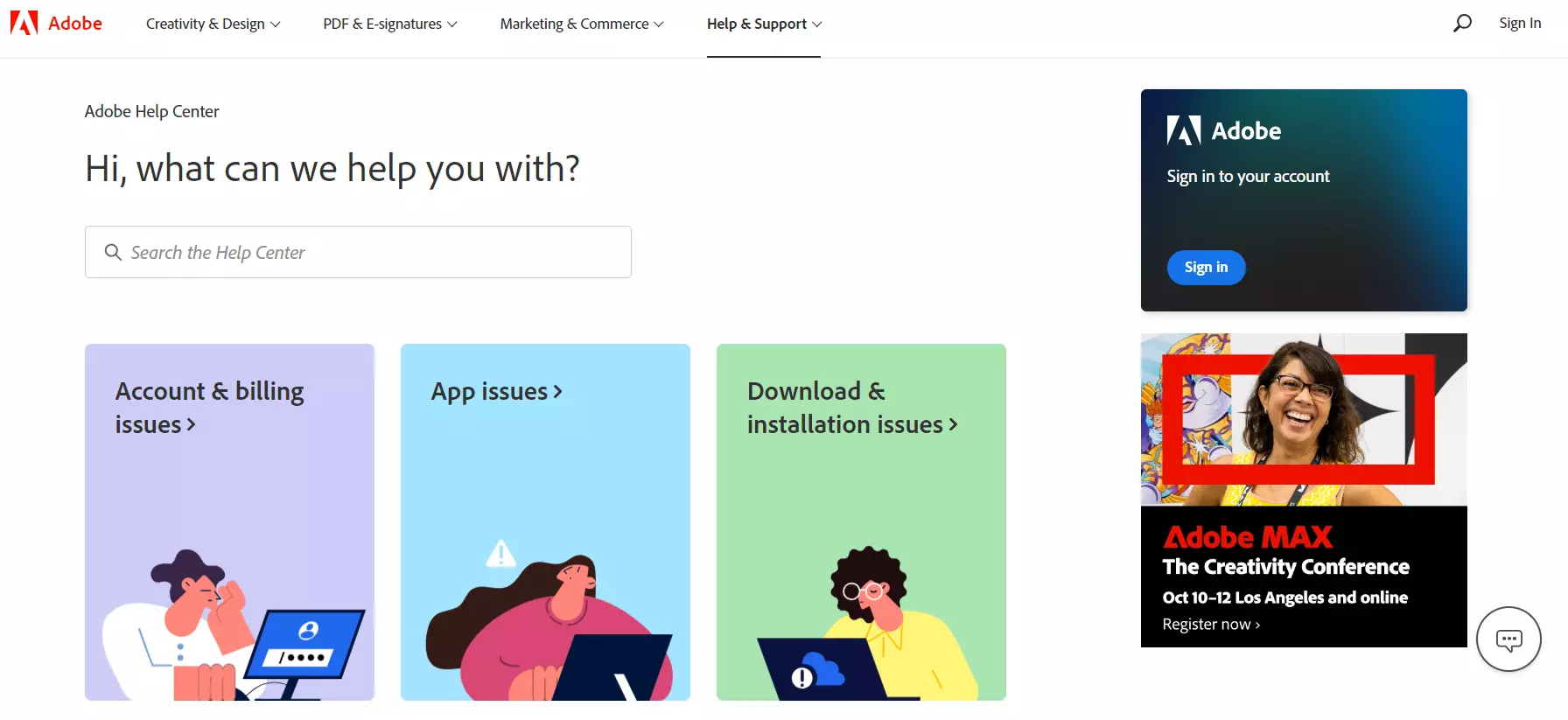 Página de destino de la base de conocimiento de Adobe, mostrando su sistema de gestión del conocimiento.