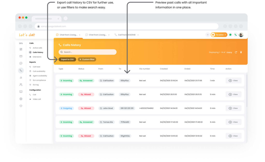 Característica de historial de llamadas en Centro de Llamadas LiveAgent