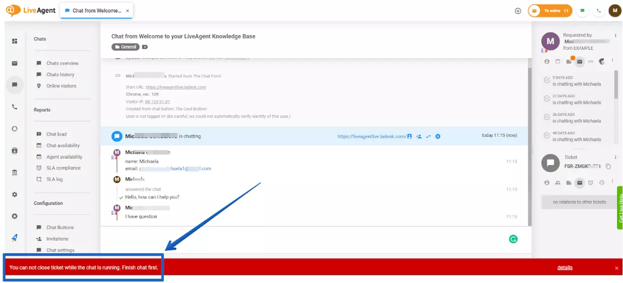 LiveAgent - advertencia de chat sin resolver