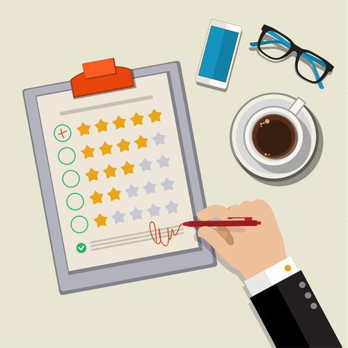 Ilustración de comentarios del cliente - Mano marcando una calificación excelente en una encuesta