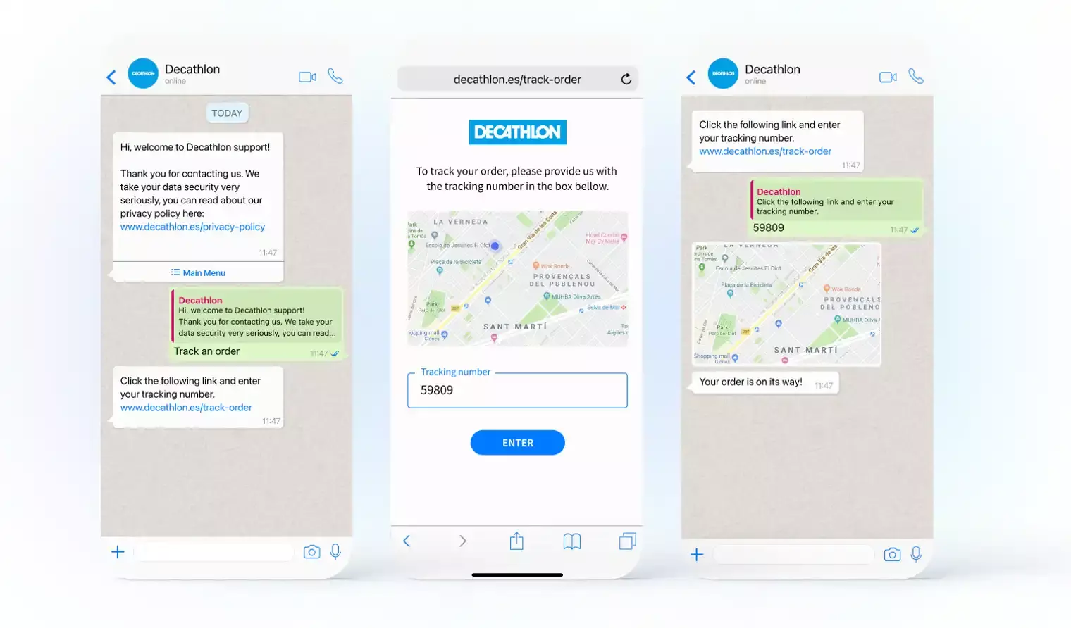 Capacidades de chat en vivo de Decathlon a través de WhatsApp para seguimiento de pedidos