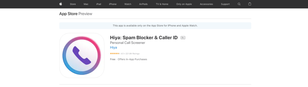 Sitio web de Hiya: Spam Blocker & Caller ID App Store