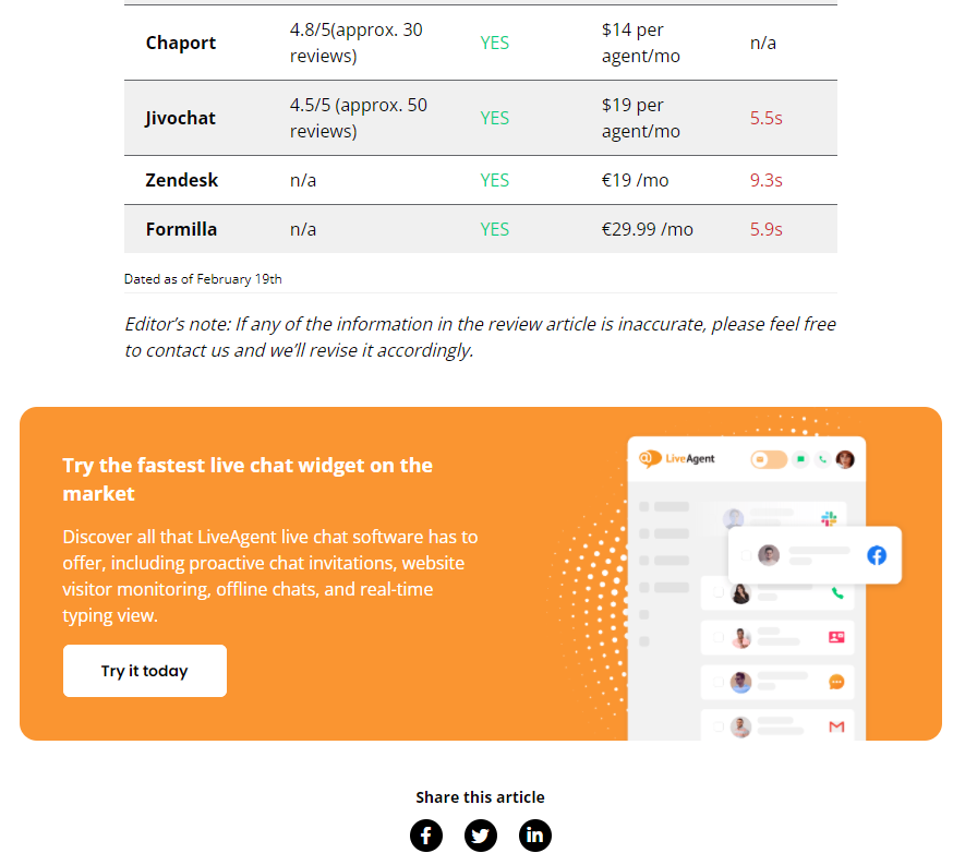 CTA de LiveAgent al final del contenido