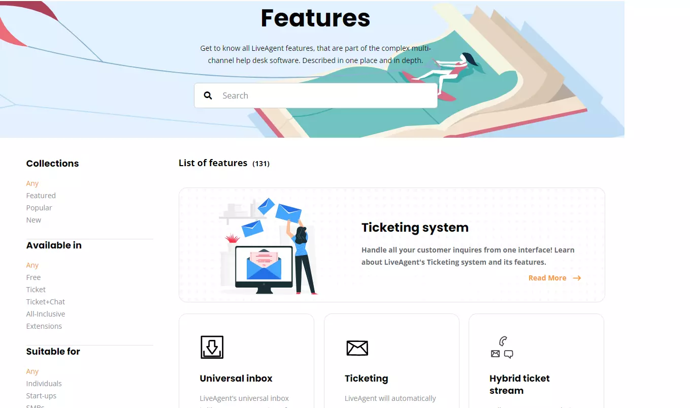 Página de características de LiveAgent
