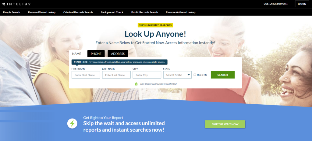 Página de inicio de Intelius