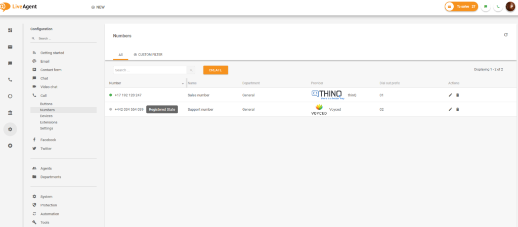 Configuración de números de LiveAgent