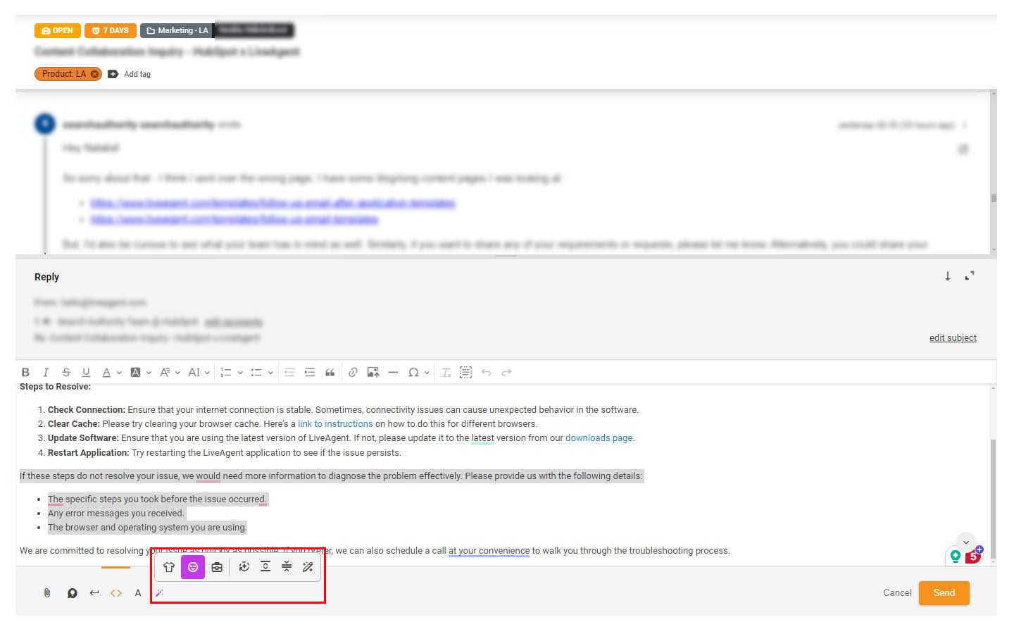 Imagen de la función del Asistente de IA destacada en el ticket de soporte