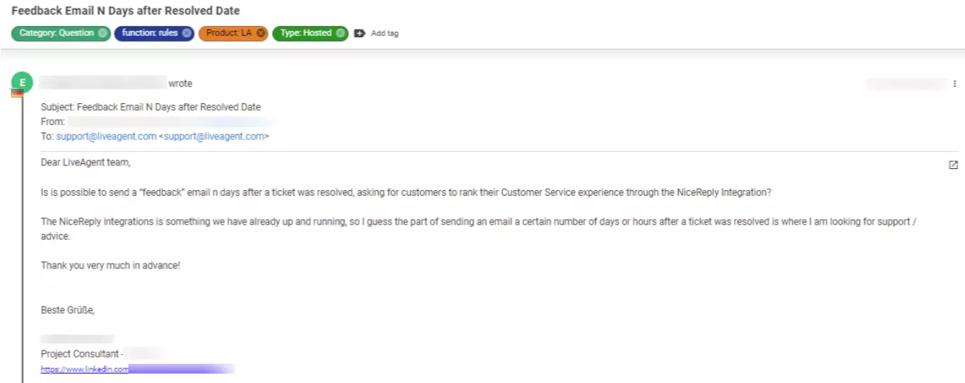 Captura de pantalla de un ticket que muestra un problema de cliente que se considera de baja prioridad.