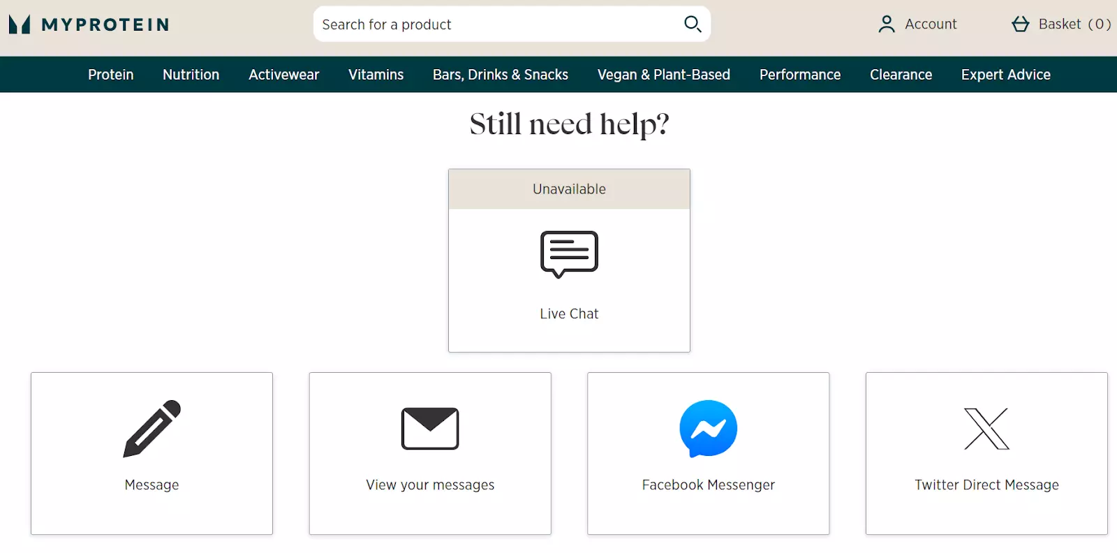 Página de soporte de MyProtein con canales de comunicación