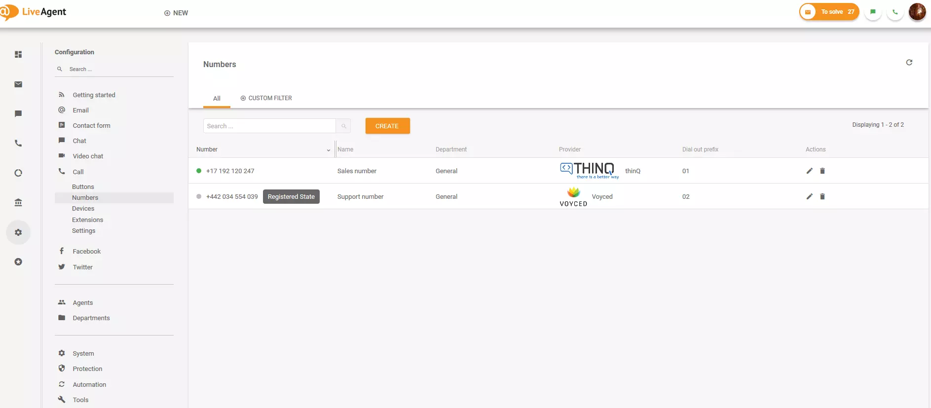 Sección de números en LiveAgent
