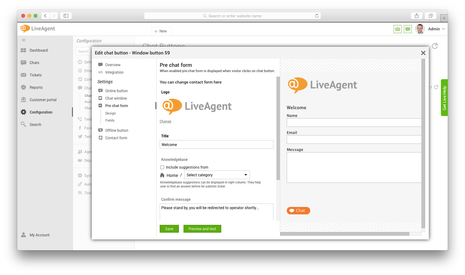 Ventana de formulario previo al chat con campos y vista previa
