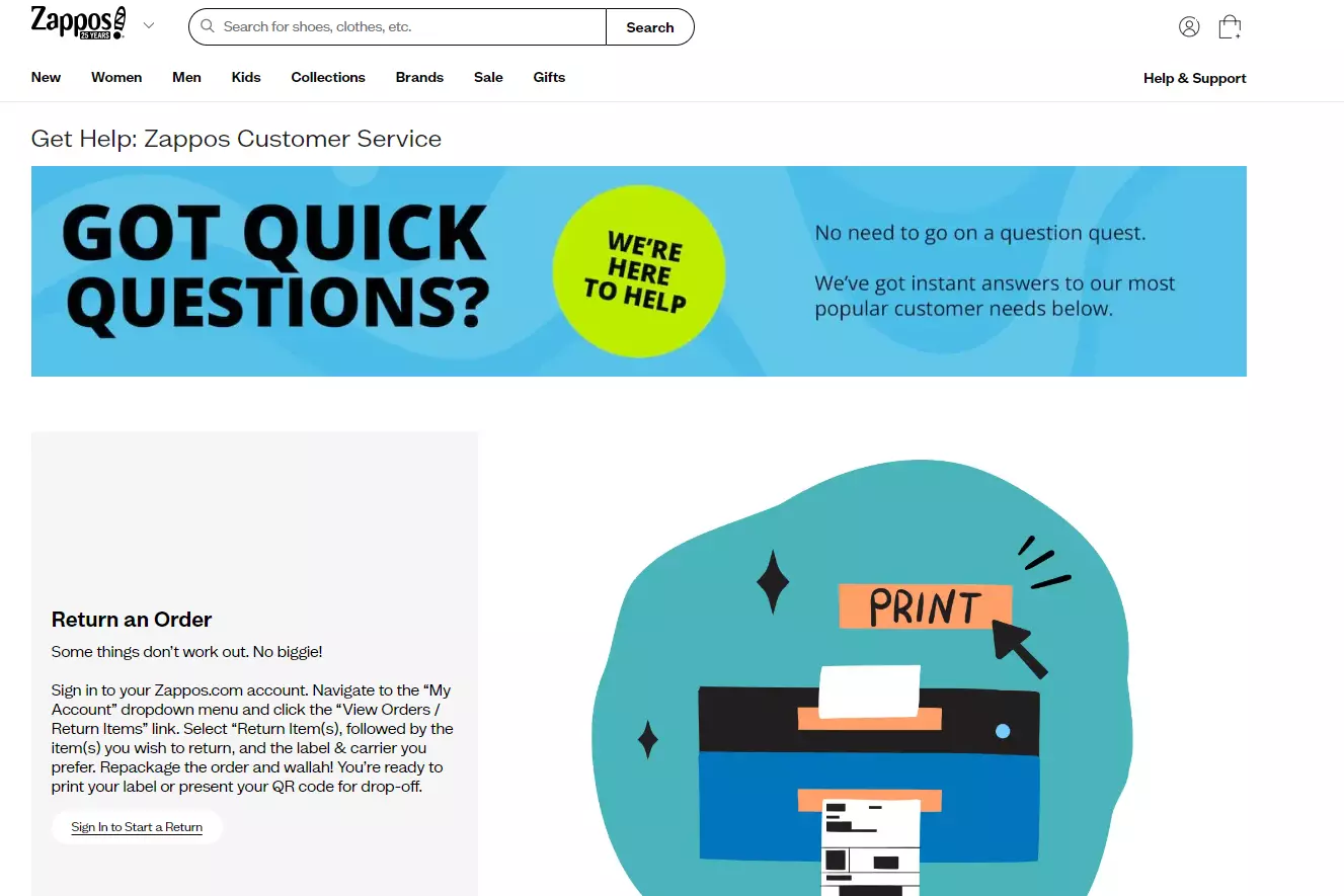 Página de soporte de Zappos mostrando sus opciones de soporte