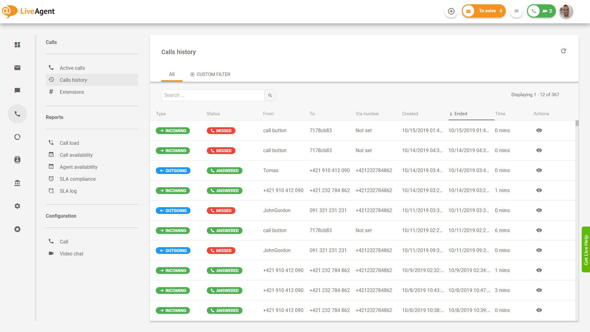 Descripción general de la interfaz del centro de llamadas en LiveAgent.