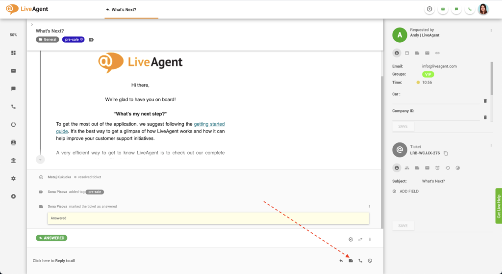 Botón Añadir nota en LiveAgent